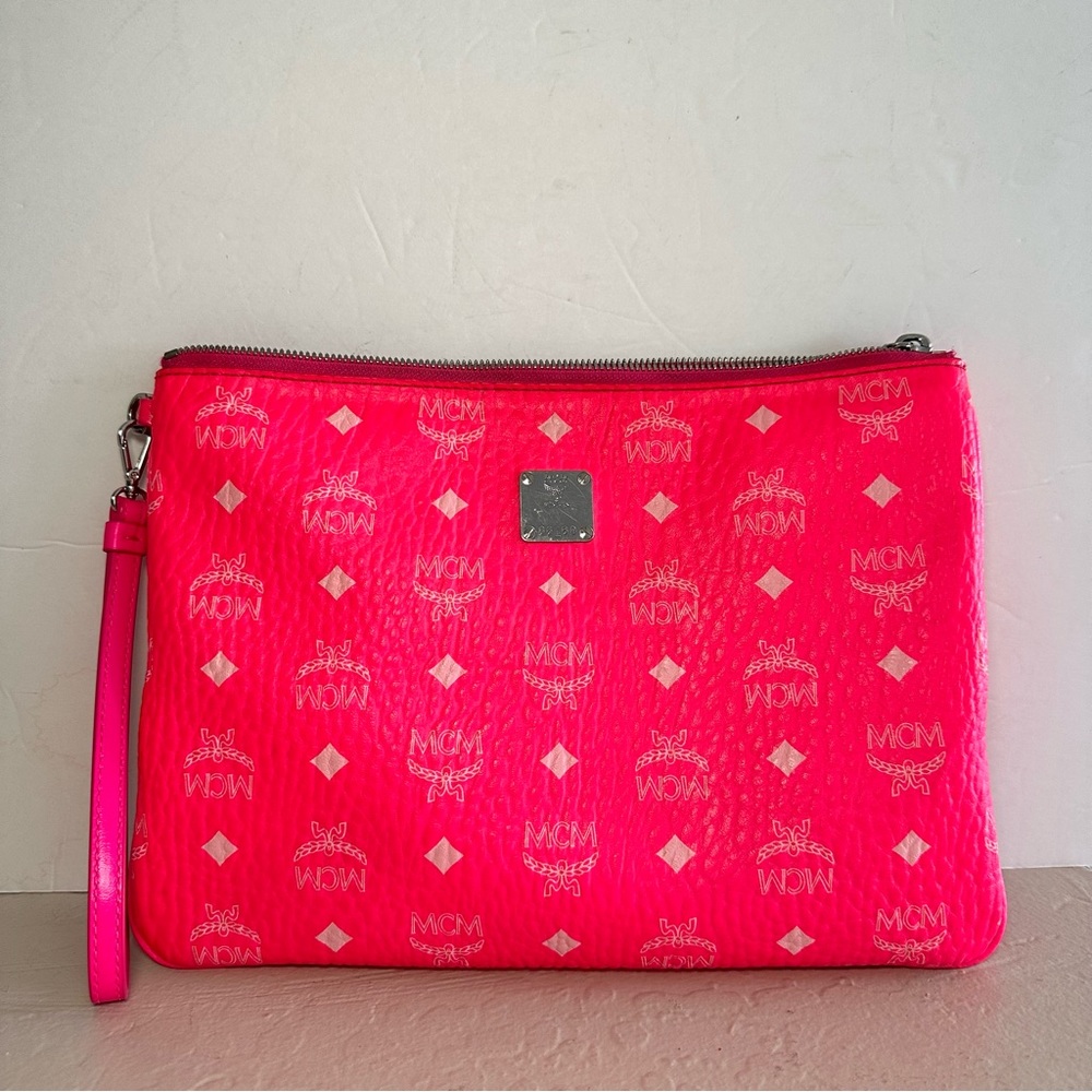 MCM Visetos Wristlet Zip Pouch Neon Pink